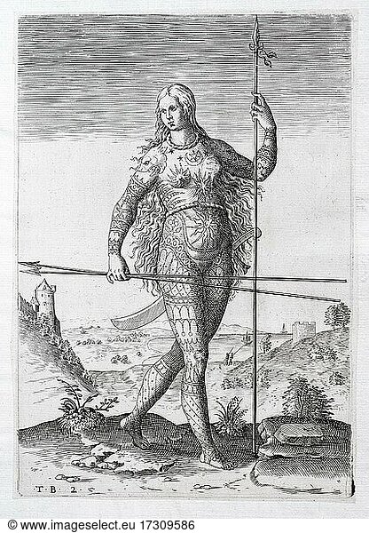 Portrait of a tattooed Pictish woman  copperplate engraving by Theodor de Bry  1590  Frankfurt  Germany  Europe