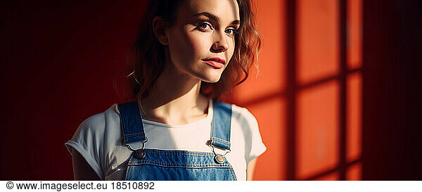 Portrait of a young woman wearing denim dungarees and white t-shirt