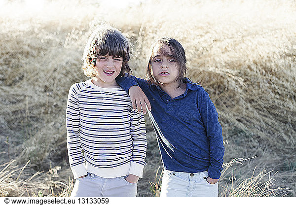 Portrait of brothers standing against heap of hay at field