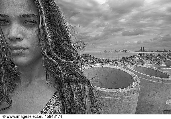 Portrait of charming woman in the slums of Olinda  Pernambuco  Brazil