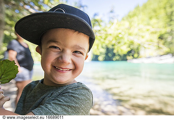 Portrait of cute boy at Lindeman Lake  Chilliwack  B.C.