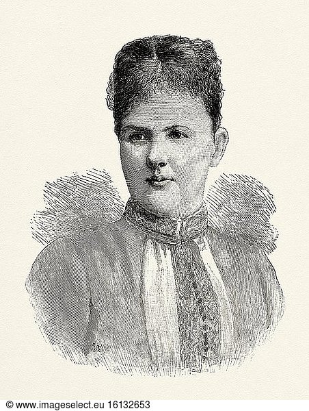 Portrait of Emma of Waldeck and Pyrmont. Adelheid Emma Wilhelmina Theresia (1858 - 1934) Queen consort of the Netherlands  Grand Duchess consort of Luxembourg by marriage to King-Grand Duke William III  king of the Netherlands. Netherland. Old XIX century engraved illustration from La Ilustracion Espa?ola y Americana 1890.