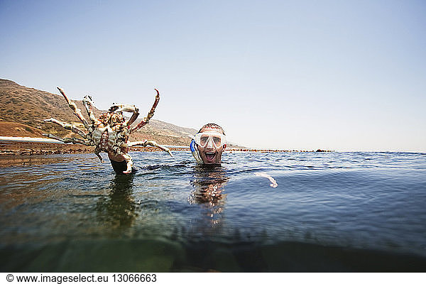 Portrait of excited man holding large crab while swimming in sea