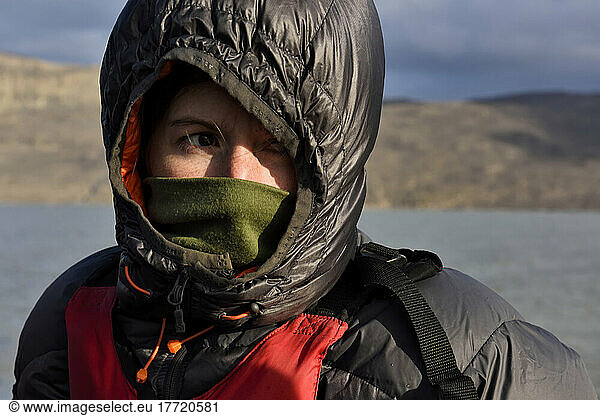 Portrait of expedition leader and driving force behind this whole project  feeling the cold as always aboard the Zodiac 3 inflatable boat on lake Centrum.