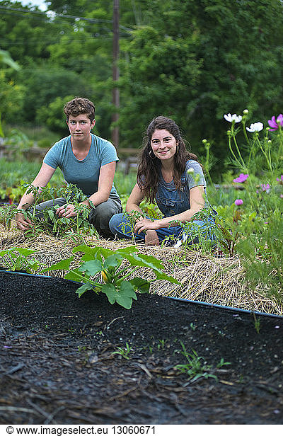Portrait of females gardening on field