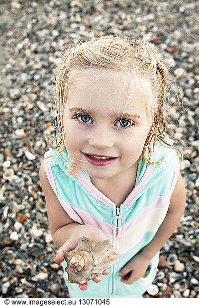 Portrait of girl holding shell while standing on pebbles