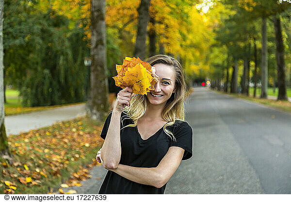 Portrait of laughing woman with bunch of autumn leaves on avenue
