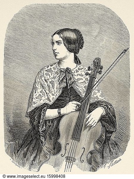 Portrait of Lisa Barbier Cristiani (1827 Paris - 1853 Novotcherkassk) French musician and traveler 19th Century. Old 19th century engraved illustration  Le Tour du Monde 1863.