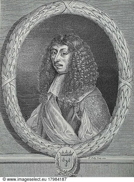 Portrait of Louis II de Bourbon  prince de Conde  8 September 1621  11 December 1686  also known as Le Grand Conde  was the first blood prince of the French royal family Bourbon. He was considered one of the most important generals of the 17th century  digital improved reproduction of an original print from the 19th century