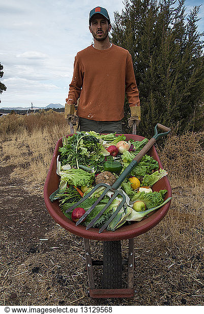 Portrait of man carrying fruits and vegetables in wheelbarrow
