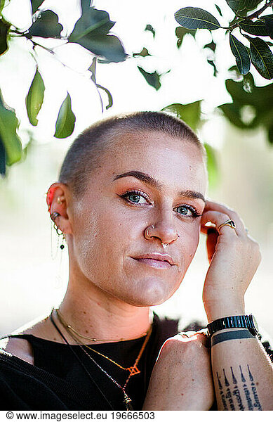 Portrait of Non Binary Person with Shaved Head in San Diego