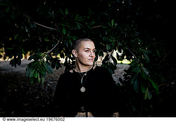 Portrait of Non Binary Person with Shaved Head in San Diego