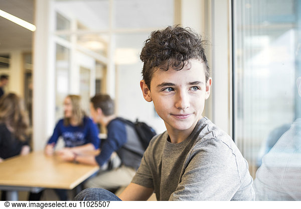 Portrait of schoolboy (12-13) looking through window