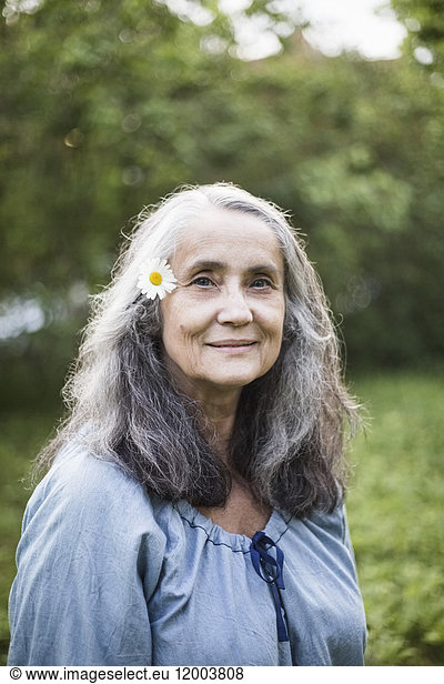 Portrait of smiling senior woman with daisy flower at back yard