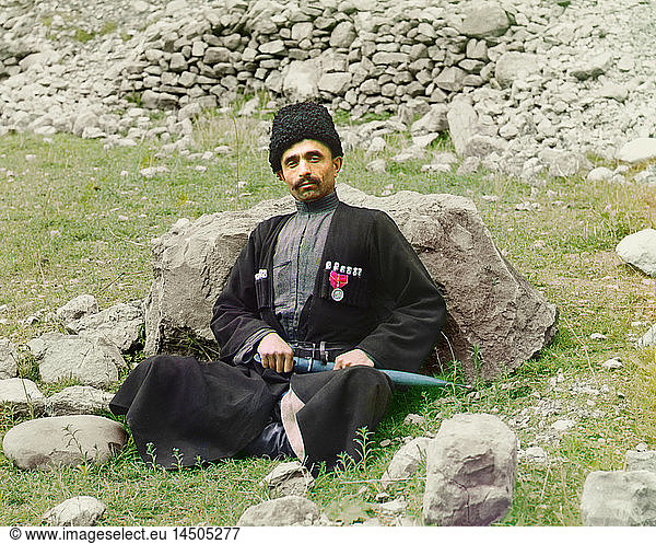 Portrait of Sunni Muslim Man Wearing Traditional Dress and Headgear with Sheathed Dagger at Side  Dagestan  Russia  Prokudin-Gorskii Collection  1910