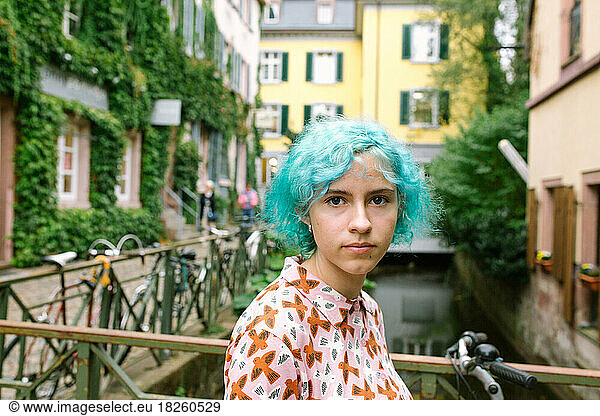 Portrait Of Teen Girl With Blue Hair In The City Of Freigburg Germany