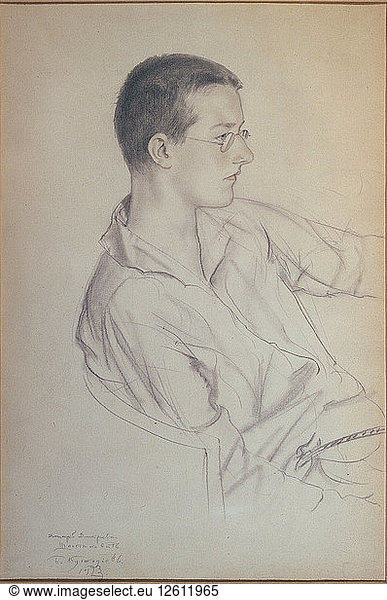 Portrait of the composer Dmitri Shostakovitch (1906-1975)  1923. Artist: Kustodiev  Boris Michaylovich (1878-1927)