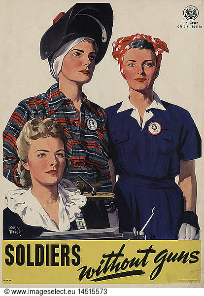 Portrait of Three Women Working for the War Effort  ''Soldiers without Guns''  U.S. Army World War II Poster  by Adolph Treidler  USA  1944