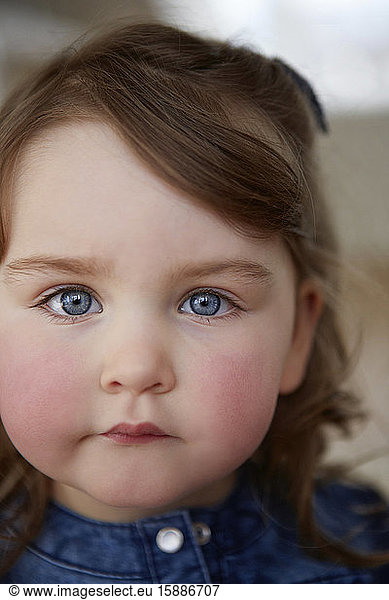 Portrait of toddler girl with blue eyes and red cheeks