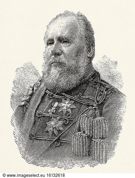 Portrait of William III (1817-1890) King of the Netherlands and Grand Duke of Luxembourg  Nederland. Old XIX century engraved illustration from La Ilustracion Espa?ola y Americana 1890.