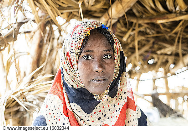 Portrait of woman wearing Muslim traditional Hijab  Melabday  Asso Bhole  Danakil Depression  Afar Region  Ethiopia  Africa