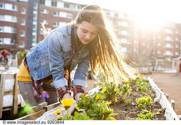 Portrait of young woman at raised bed in front of multi-family house