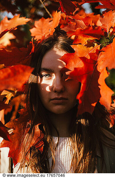Portrait of young woman standing among red leaves during autumn