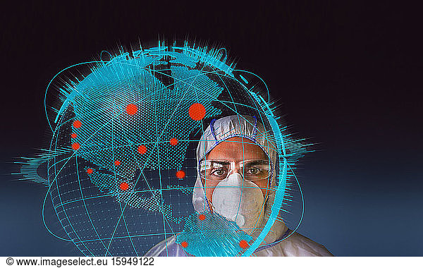 Portrait scientist in clean suit behind global coronavirus outbreak