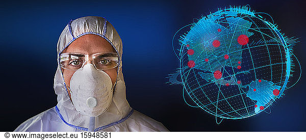 Portrait scientist in flu mask by global coronavirus pandemic outbreak