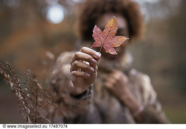 Portrait young woman holding autumn leaf