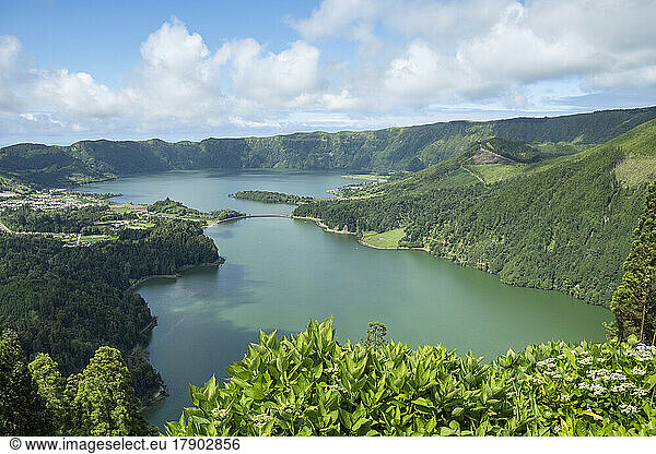 Portugal  Azores  Furnas  Scenic view of Sete Cidades Massif