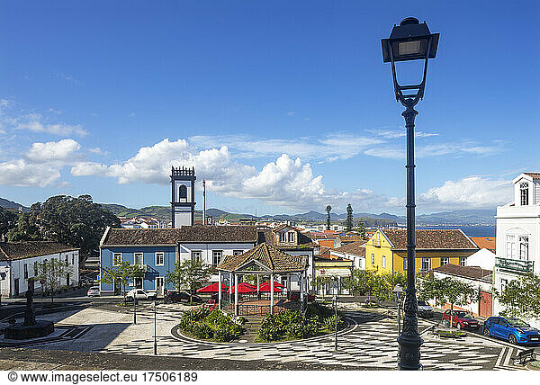 Portugal  Azores  Ribeira Grande  Town square gazebo on sunny day with street light in foreground