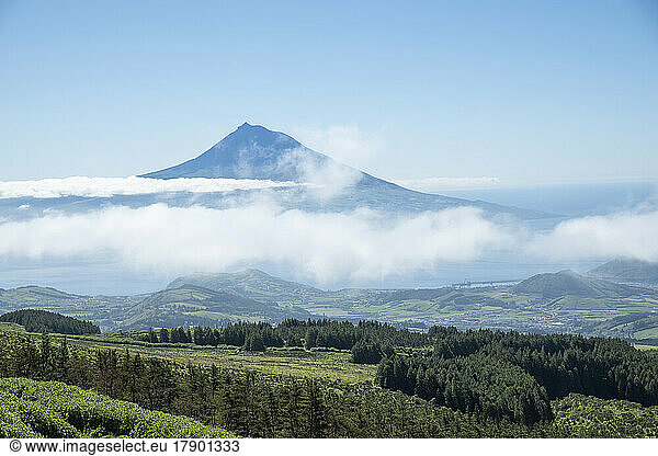 Portugal  Azores  Scenic view of Mount Pico shrouded in clouds