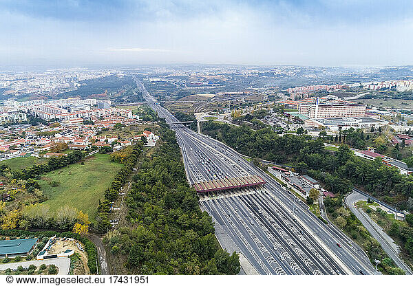 Portugal  Lisbon  Aerial view of highway 25 de Abril Bridge