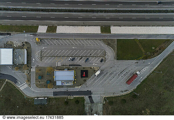 Portugal  Lisbon  Overhead view of parking lot near highway