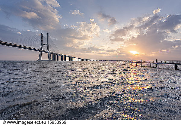 Portugal  Lisbon  Vasco da Gama Bridge at moody sunrise
