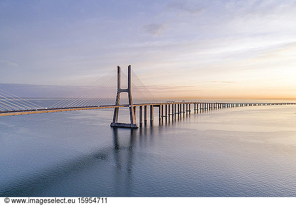Portugal  Lisbon  Vasco da Gama Bridge at moody sunrise