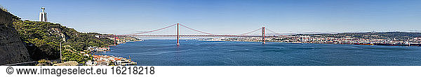 Portugal  Lisbon  View of 25 de Abril Bridge at River Tagus