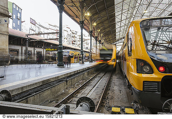 Portugal  Porto  Blurred motion of trains passing through train station