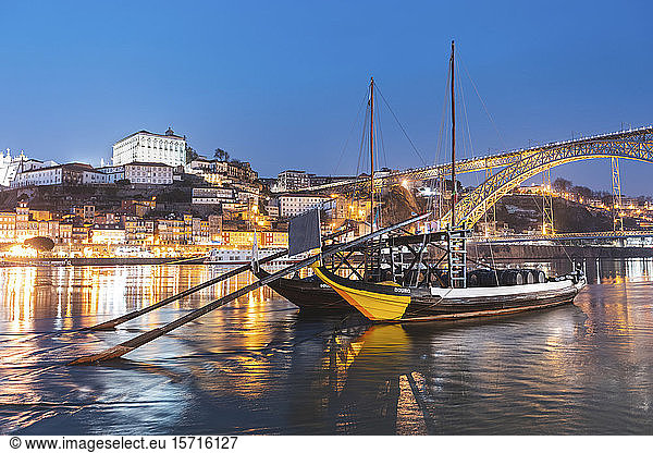 Portugal  Porto District  Porto  Rabelo boats moored on Douro river at dusk