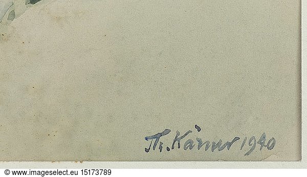 PORZELLAN ALLACH  Theodor KÃ¤rner - zwei Aquarelle Aquarell auf Papier  jeweils rechts unten signiert 'Th. KÃ¤rner 1940'. AtmosphÃ¤rische  farbige Malerei bezogen auf den 'Berghirsch' (Modellnummer 10) und den 'Stehenden Rehbock' (Modellnummer 80). In altem Glasrahmen  altverklebt. BildmaÃŸe jeweils ca. 22 5 x 17 5 cm  RahmenmaÃŸe ca. 67 x 51 5 cm. Altersspuren. Neu ergÃ¤nzte Widmungen auf den unteren Rahmenleisten. Unikate in meisterhafter QualitÃ¤t.