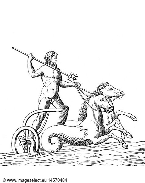 Poseidon (lat. Neptun)  griech. Gott des Wasser und des Meeres  Zeichnung  19.Jh. Poseidon (lat. Neptun), griech. Gott des Wasser und des Meeres, Zeichnung, 19.Jh.,