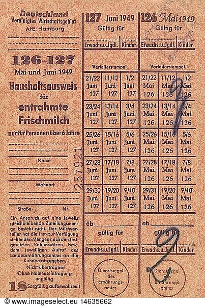 post war period  economy  food ration card for fresh milk  Hamburg  Germany  valid in May and June 1949 the Second World War  food  food ration cards  rationing  providing  poverty  plight  misery  economy  household  housekeeping  in the forties of the twentieth century