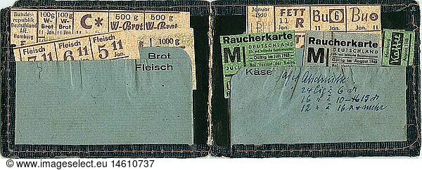 post war period  economy  small book for food ration cards (bread  meat  tabacco  coffee)  Hamburg  Germany  of the years 1948 and 1950 food  rationing  providing  misery  household  housekeeping  history  in the fifties and forties of the twentieth century  historic  historical  clipping  cut out  cut-out  cut-outs  20th century  1940s  1950s