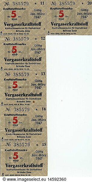 post war period  ration card for fuel/carburettor fuel  for five litre  issued by the controlling body for Germany in the British Zone  valid from January to March 1947 Germany  ration cards  rationing  misery  poverty  economy  in the forties of the twentieth century