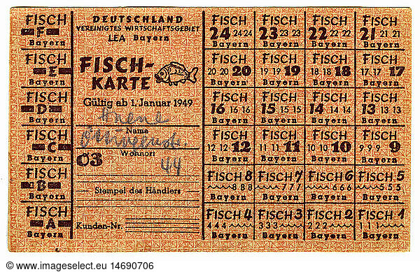 post war period  ration coupon  fish coupon  authorized to the purchase of fish  Bavaria  Germany  1949