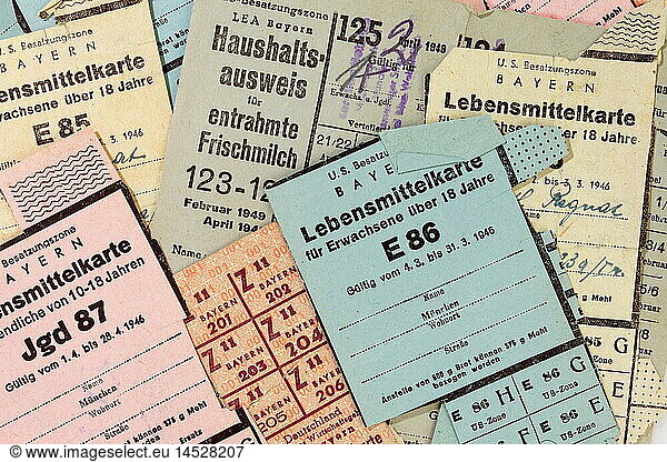 post war period  ration coupon of the U. S. occupation zone in Bavaria  authorized the owner for the purchase of bread  farina  milk  sugar  Munich  Bavaria  Germany  1945 bis 1949