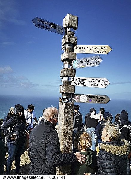 Post with signs showing the distance to various famous cities in the world  at the old lighthouse  Cape of Good Hope Lighthouse. Cape of Good Hope  South Africa. Photo: Andr? Maslennikov.