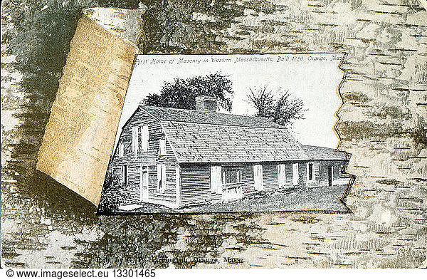 Postcard depicting the Masonic Temple in Orange  Massachusetts built 1750