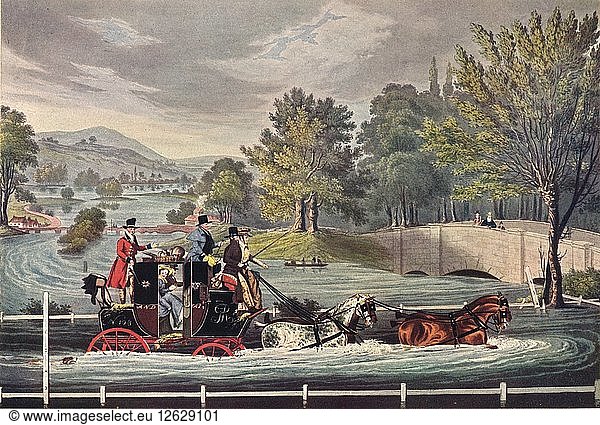 Postkutsche in einer Überschwemmung  um 1827  (1904). Künstler: F. Rosenbourg